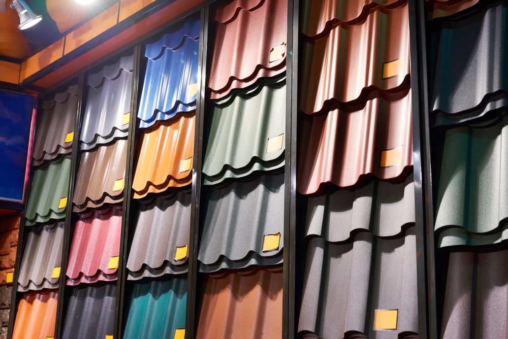 Samples of metal tiles roof color oprions in the building store