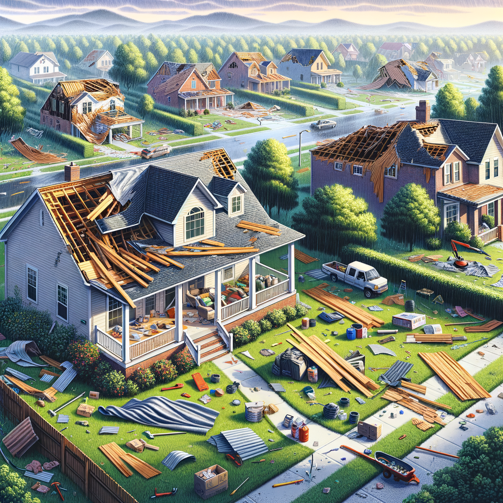 a group of houses with debris on the roof