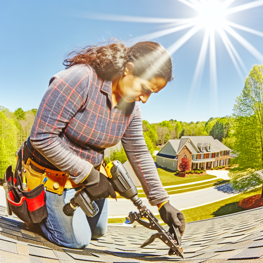 a woman using a drill on a roof