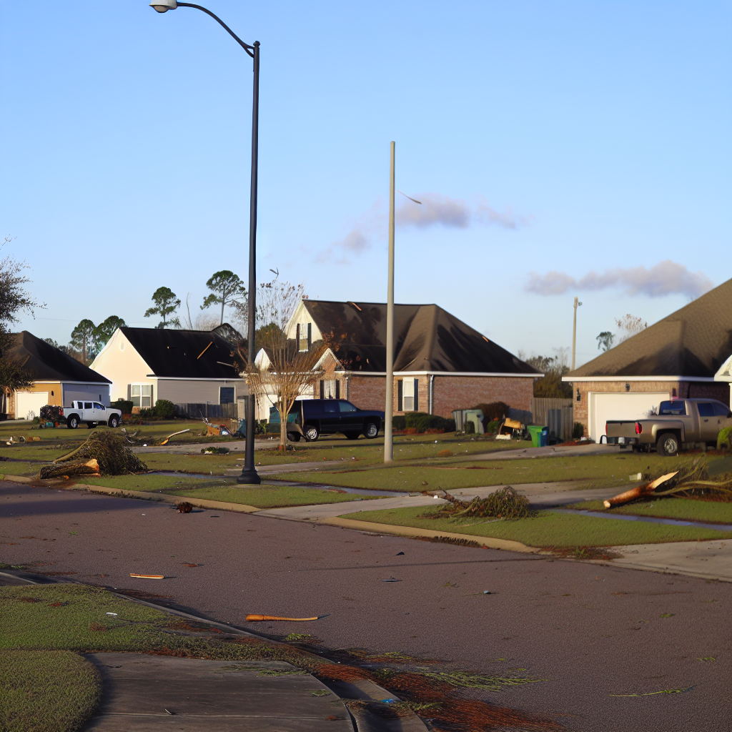a neighborhood with a broken tree with Eighth Air Force Museum in the background