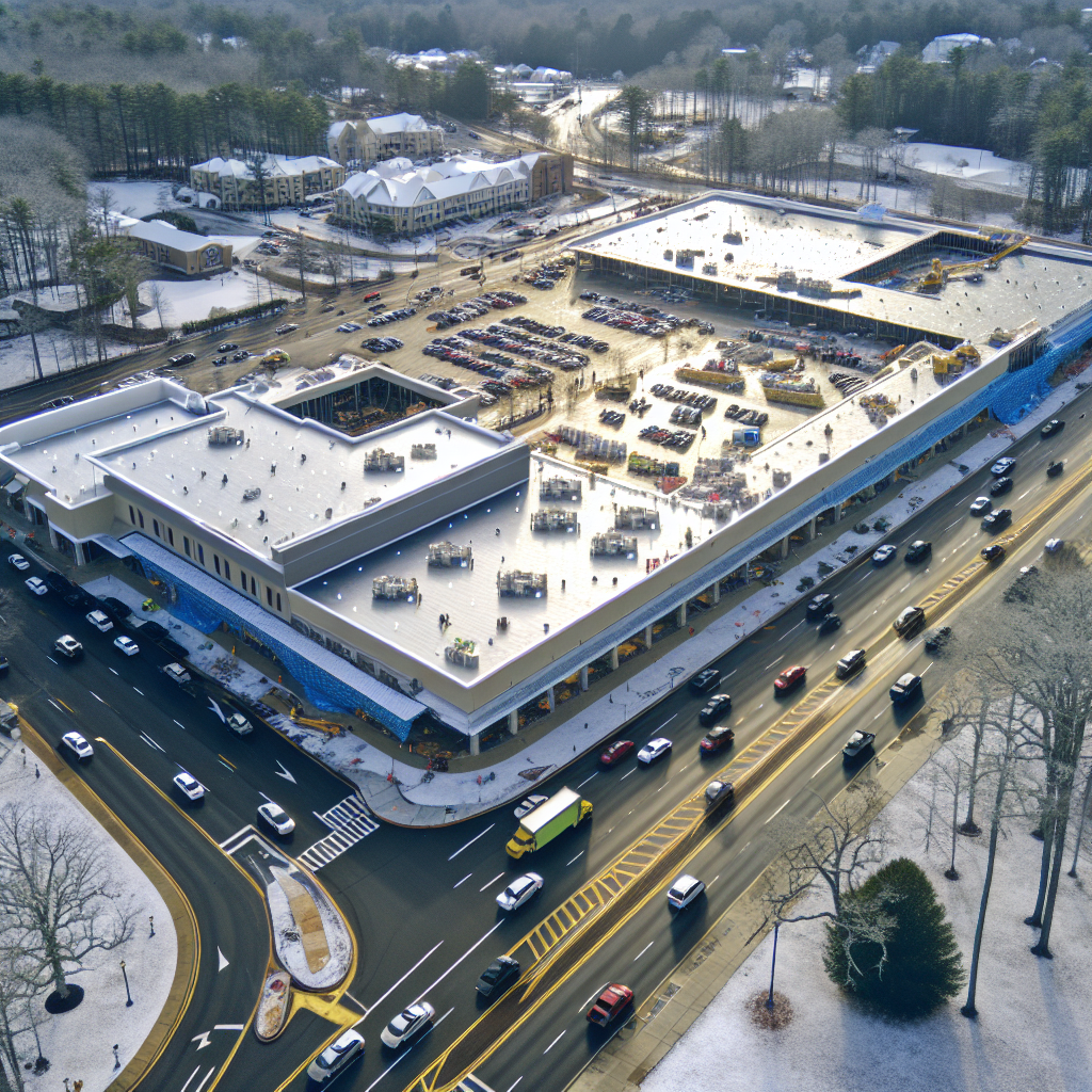 a large building with lots of cars on the road