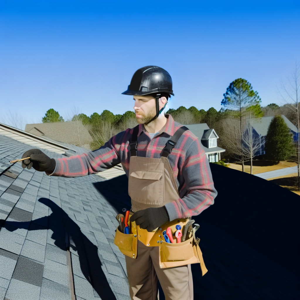 a man wearing a hard hat and tool belt holding a roof